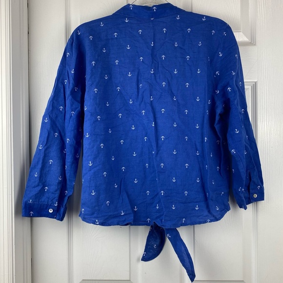 Hester & Orchard Linen Blend Anchor Print Front Tie Button Down Shirt - Picture 4 of 6